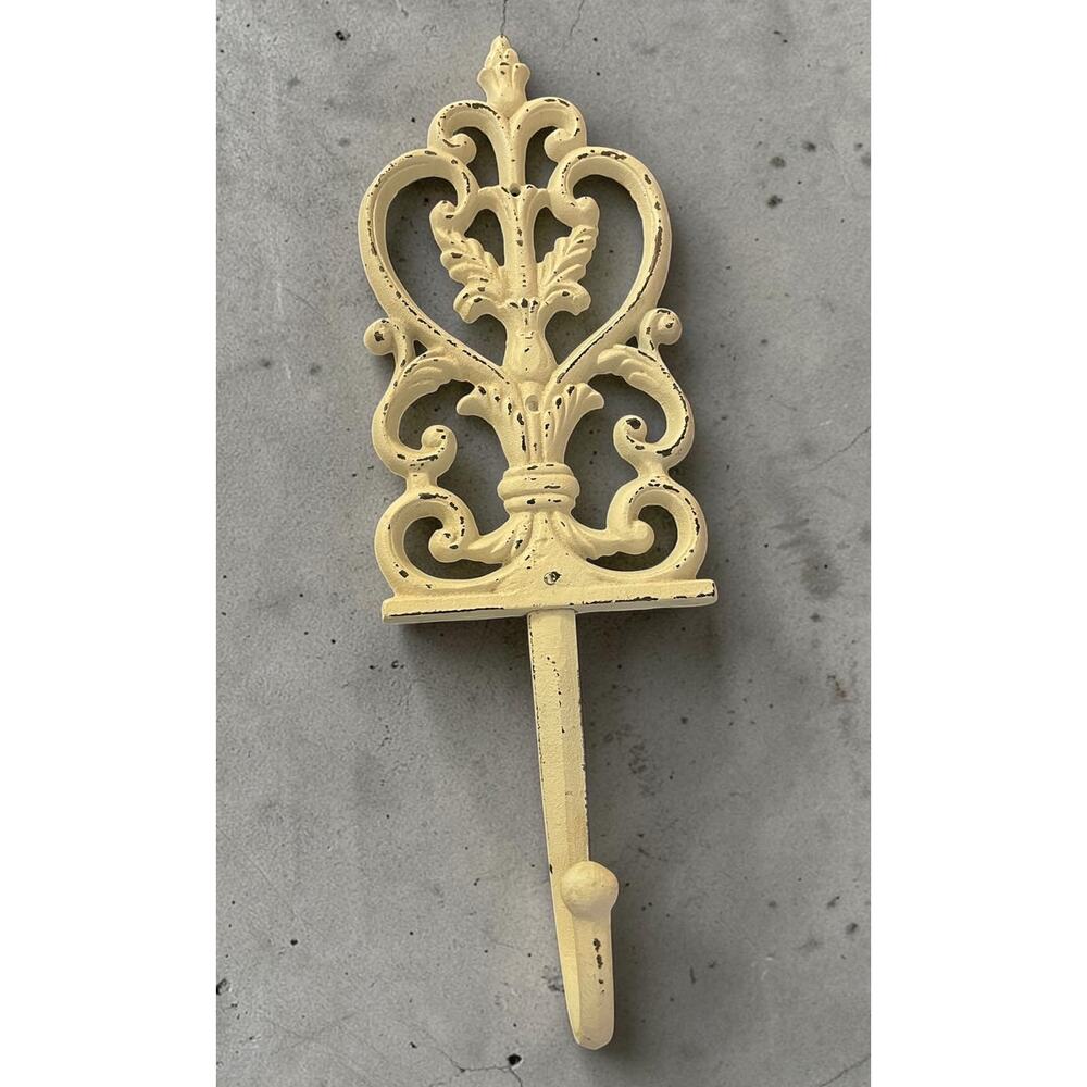 Distressed White Cast Iron Decorative Wall Hook Shabby Chic Flur de les 15" x 6"